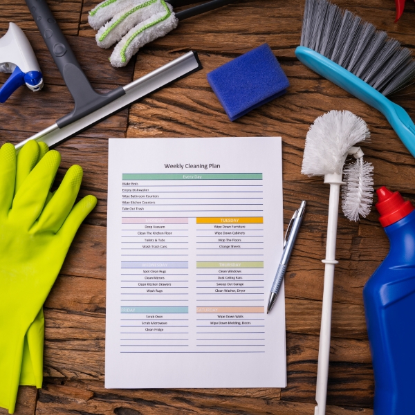 Weekly cleaning plan surrounded by cleaning supplies