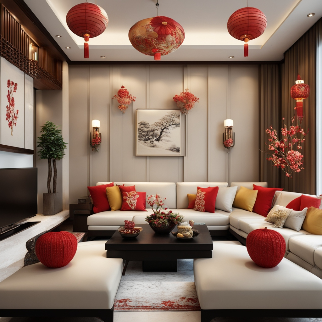 Living room decorated with red lanterns for Chinese New Year