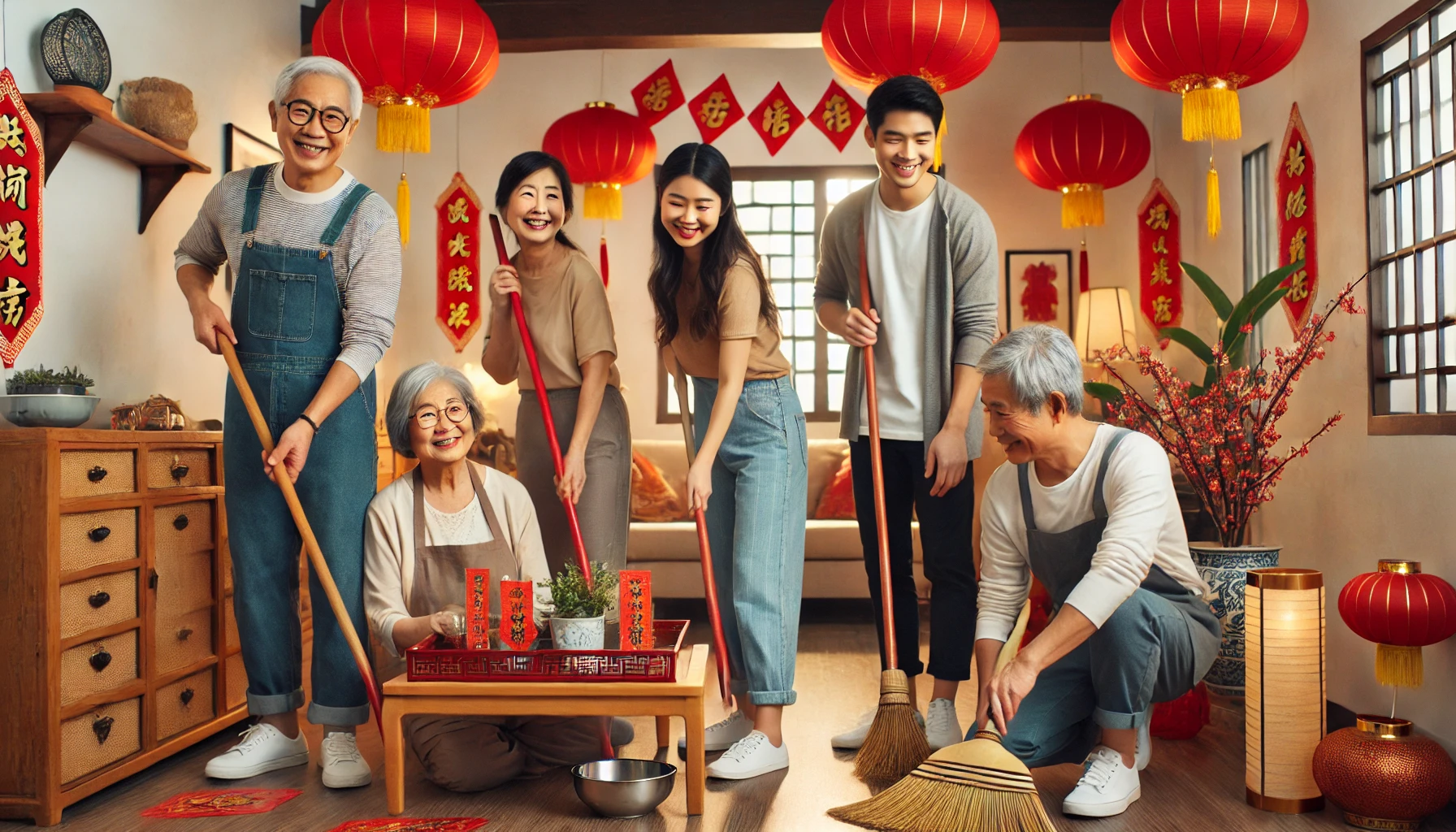 Family cleaning their home together before Chinese New Year