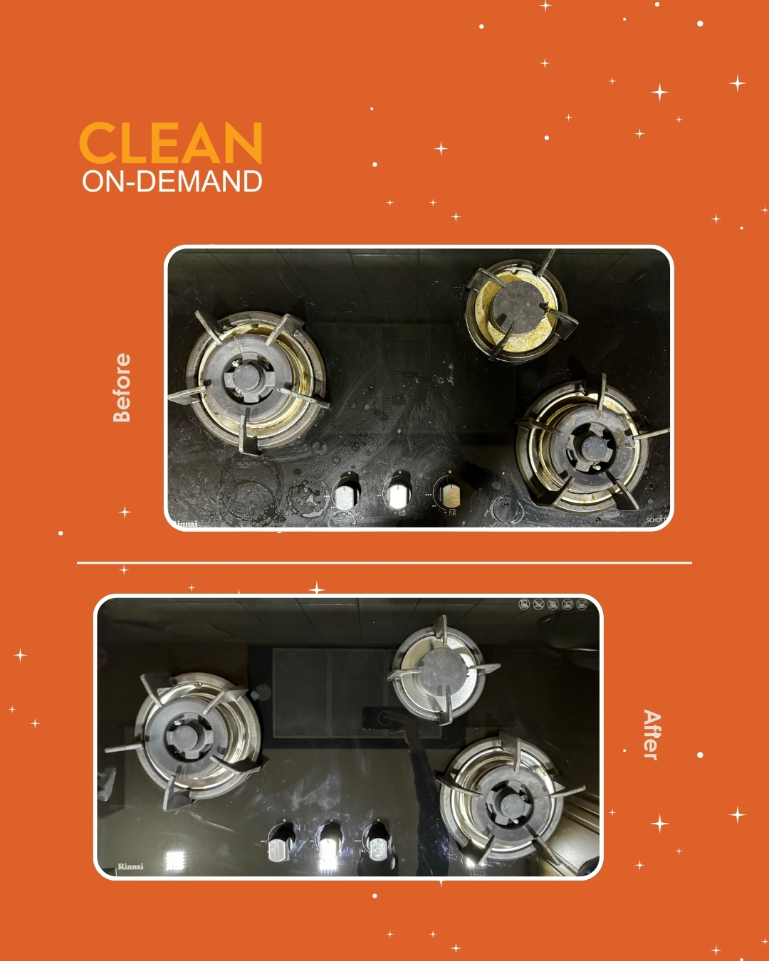 Gas hob before and after cleaning