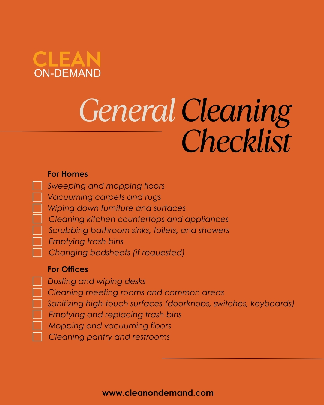 General cleaning checklist for homes and offices