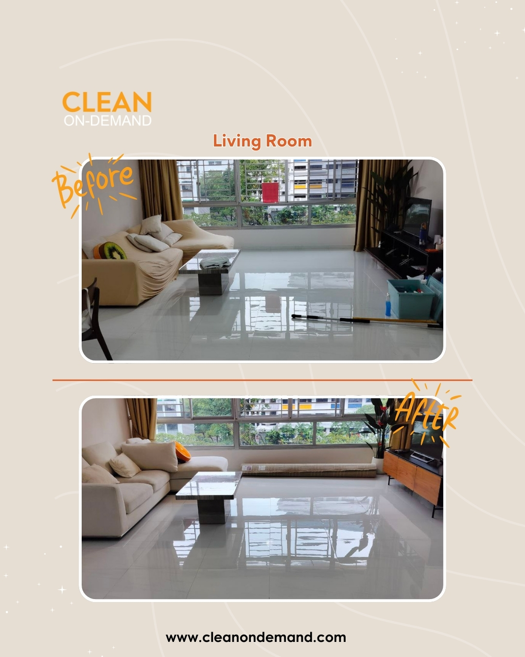 Living room before and after cleaning