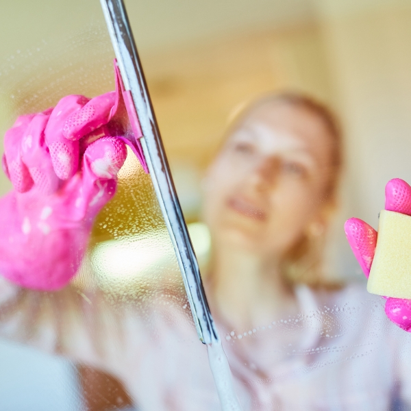 Gloved hand cleaning a window with a squeegee