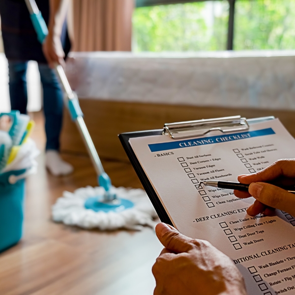 Cleaning checklist on a clipboard while a floor is mopped