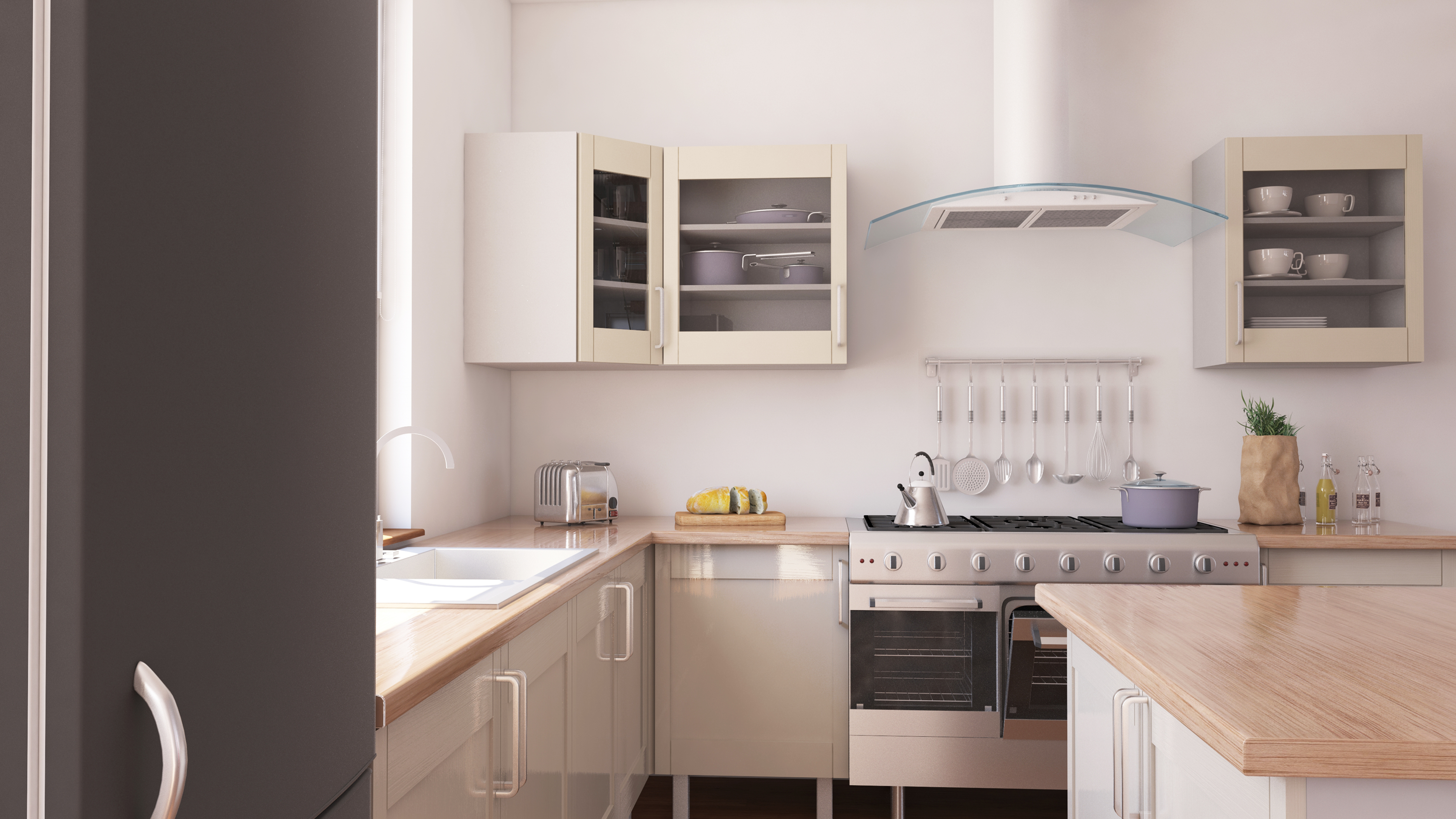 Clean, bright kitchen with wooden worktops