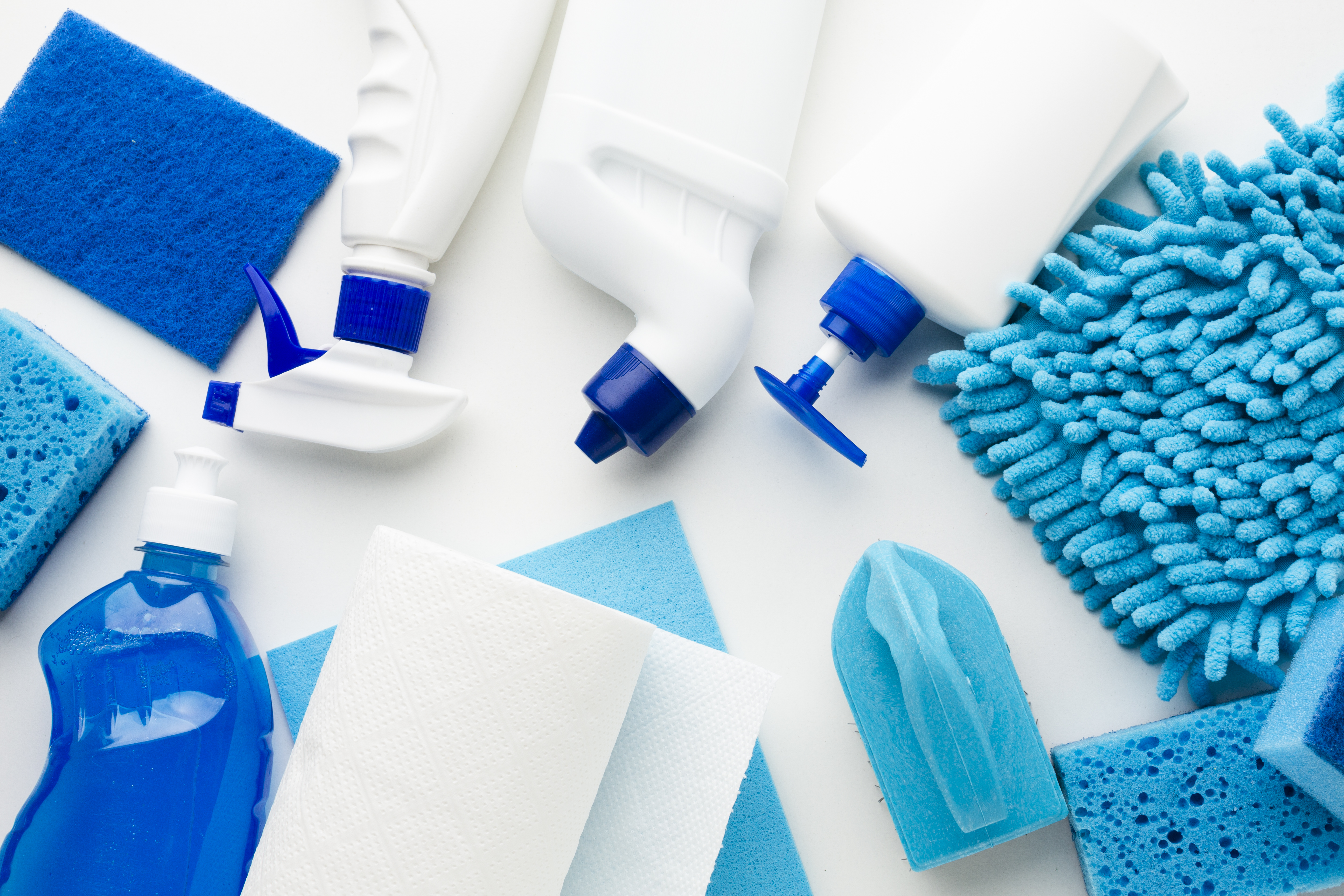 Cleaning supplies: spray bottles, sponges and microfibre cloths